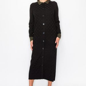 schwarz stricken Midikleid mit Oliven Trimm – 7833692176444