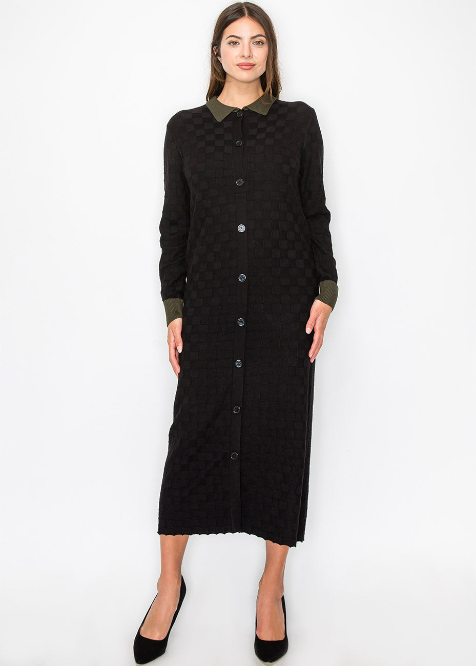 Schwarzes Midikleid mit olivfarbenem Besatz