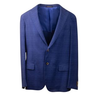 Blauer, karierter, einreihiger Blazer aus Leinenmischung