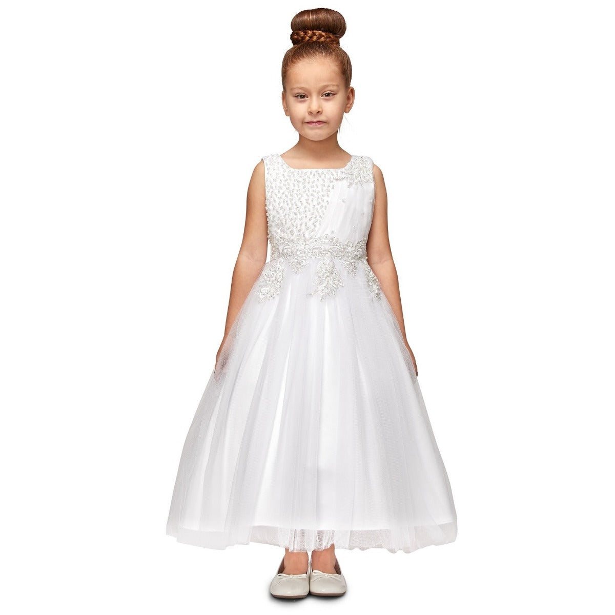 Kleine Mädchen weiße Perle gewickelt Spitze Satin Tüll Blumenmädchen Kleid 4-6