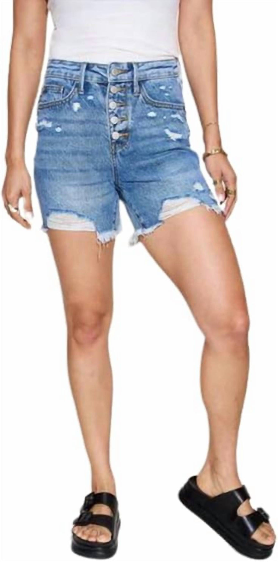 Hoher Bund Starre magische Knopf Fliegen Cutoff Shorts in mittel Wash