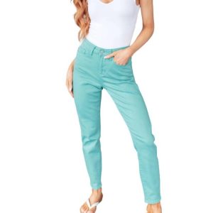 Hohe Taille Kleidungsstück gefärbt schlanke Jeans in Aquamarin – 7707832090684