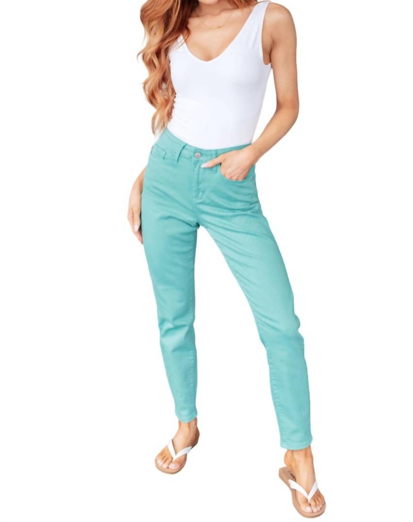 Hoher Bund Garment Gefärbte Slim Jeans in Aquamarin