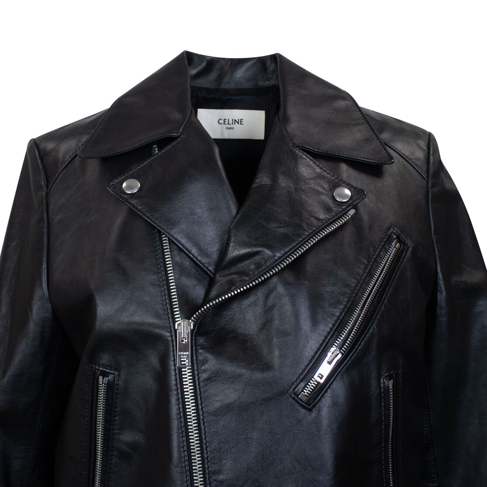 Schwarz Gepolsterte Calfskin Jacke W / Vorderseite Zip Taschen