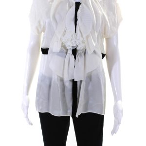Givenchy Damen Seide gestreift gerafft Falten Knopf Bluse weiß – 7833709019196