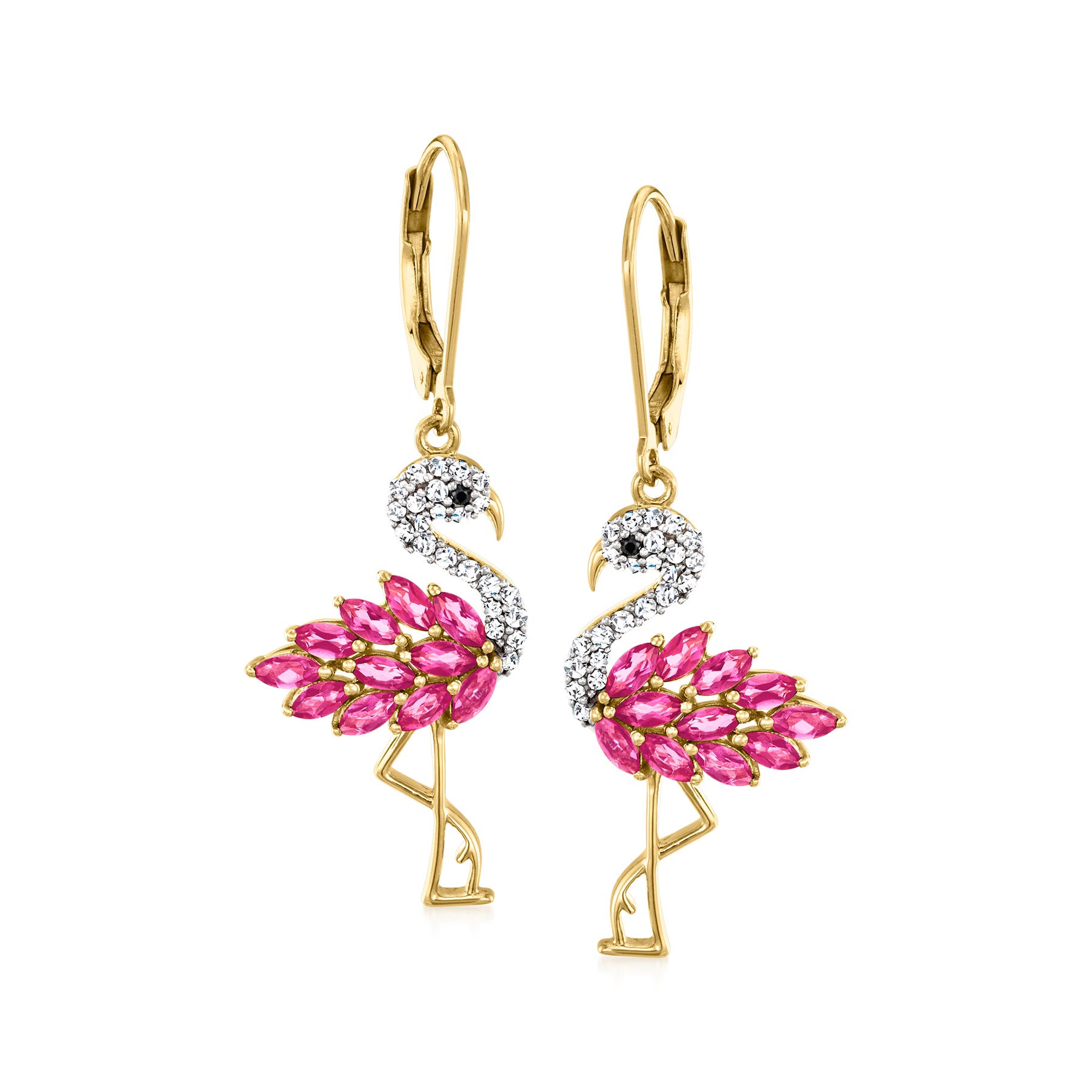 Ross-Simons Rosa Topas und. Weiß Zirkon Flamingo Ohrringe mit schwarzen Spinell Akzente in 18kt Gold über Sterling