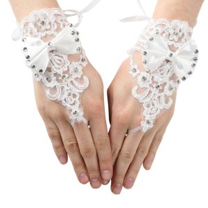 Mädchen weiß Strass Satin Schleifendetail Spitze fingerlos Kommunion Blumenmädchen Handschuhe