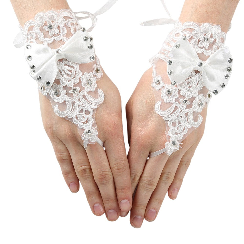 Mädchen weiß Strass Satin Schleife Spitze Fingerlose Kommunion Blume Mädchen Handschuhe