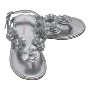 Mädchen Silber Blume Blüte Akzent Schnalle String Sandalen 11-4 Kinder