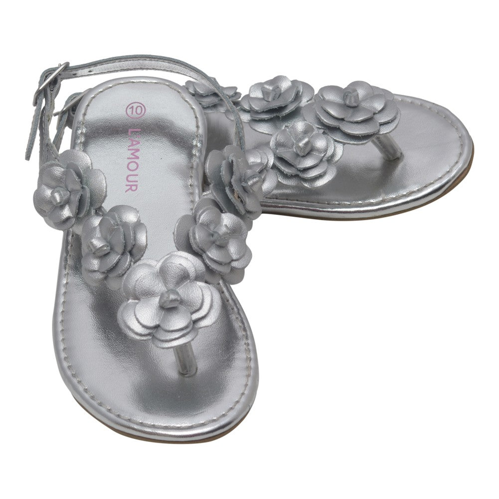 Mädchen Silber Blume Blüte Akzent Schnalle Thong Sandalen 11-4 Kinder