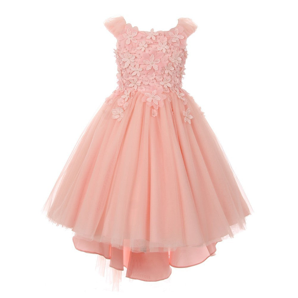 Kleine Mädchen Altrosa 3D Blume geschmückt weiche Tüll Hi-Low Blumenmädchen Kleid 4-6