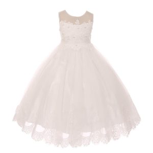 kleine Mädchen Elfenbein Spitze Stein applique Tüll Blumenmädchen Kleid 4-6