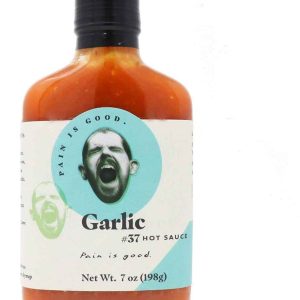 scharfe Sauce Schmerz ist guter Knoblauch #37 blauer Fleck Etikett 7 oz Kolben Hitze 9