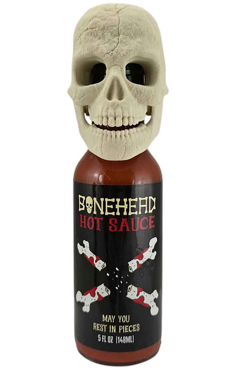 Bone Head Chilisauce mit Skelett Maske Flaschenkopf, 5oz