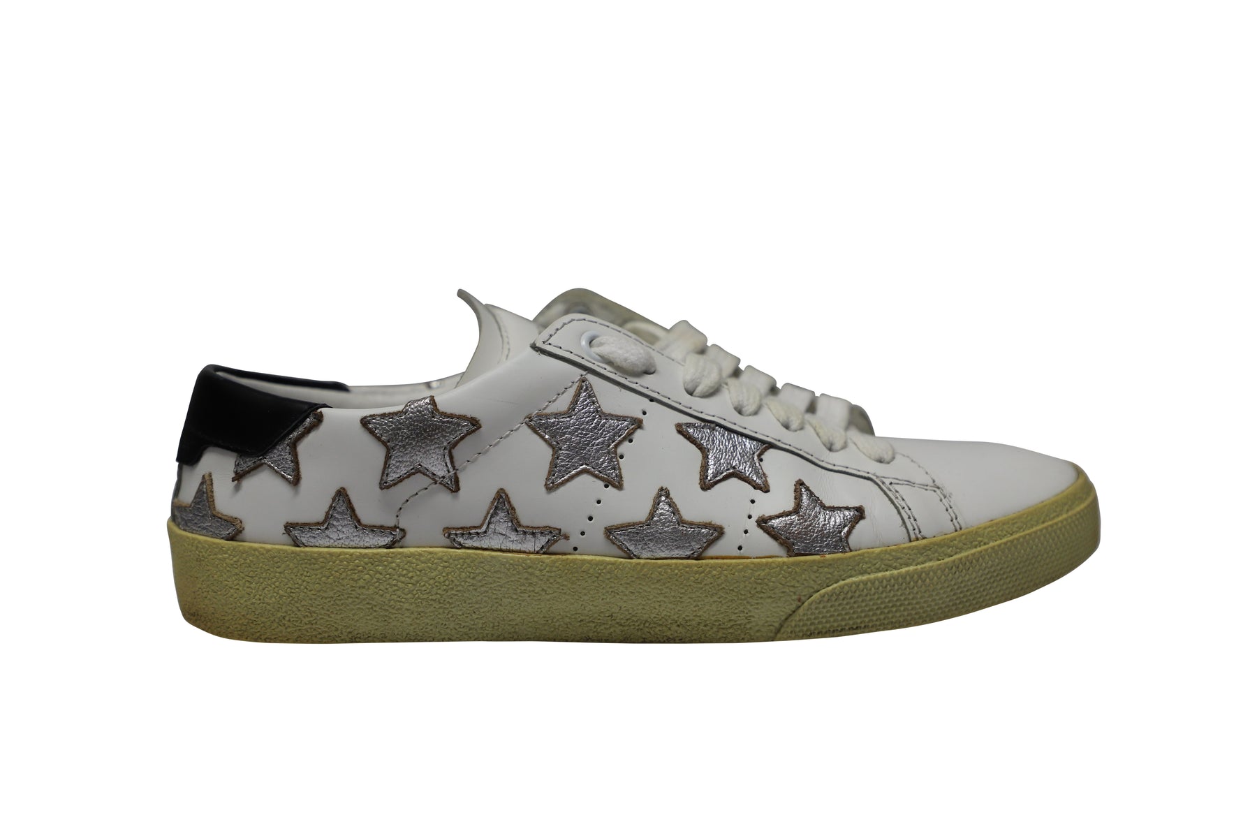 Saint Laurent Paris SL/06 Metallic Stars Niedrige Sneaker aus weißem Leder