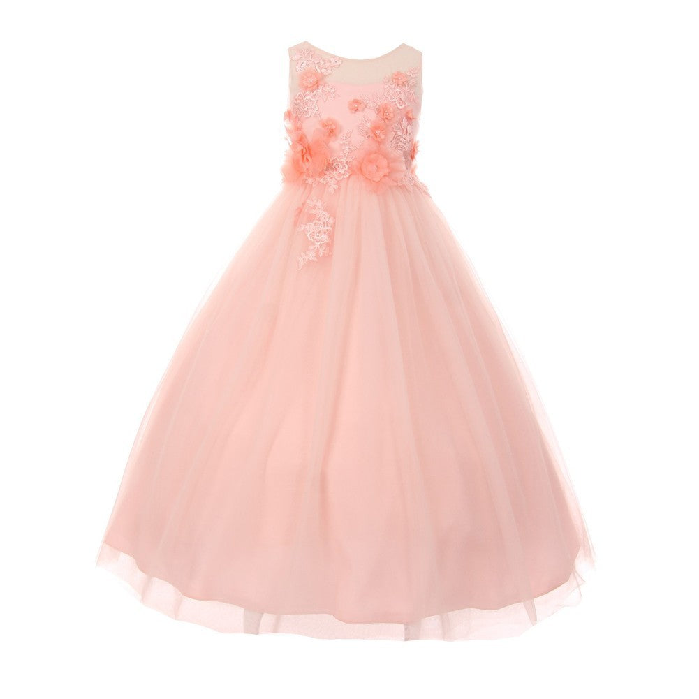 Kleine Mädchen Altrosa 3D Blume geschmückt weiche Tüll Illusion Blumenmädchen Kleid 4-6