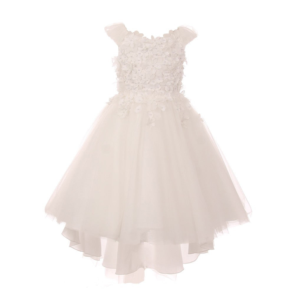 Große Mädchen Elfenbein 3D Blume geschmückt Tüll Hi-Low Junior Brautjungfernkleid 8-16