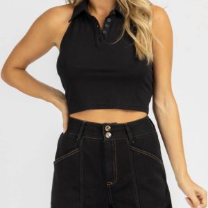 Neckholder-Tanktop mit Kragen in Schwarz