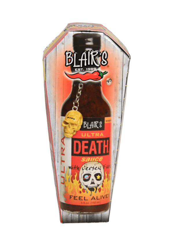 Chilisauce Blairs Ultra Tod in Sarg Schädel Schlüsselanhänger 5 oz Hitze 10