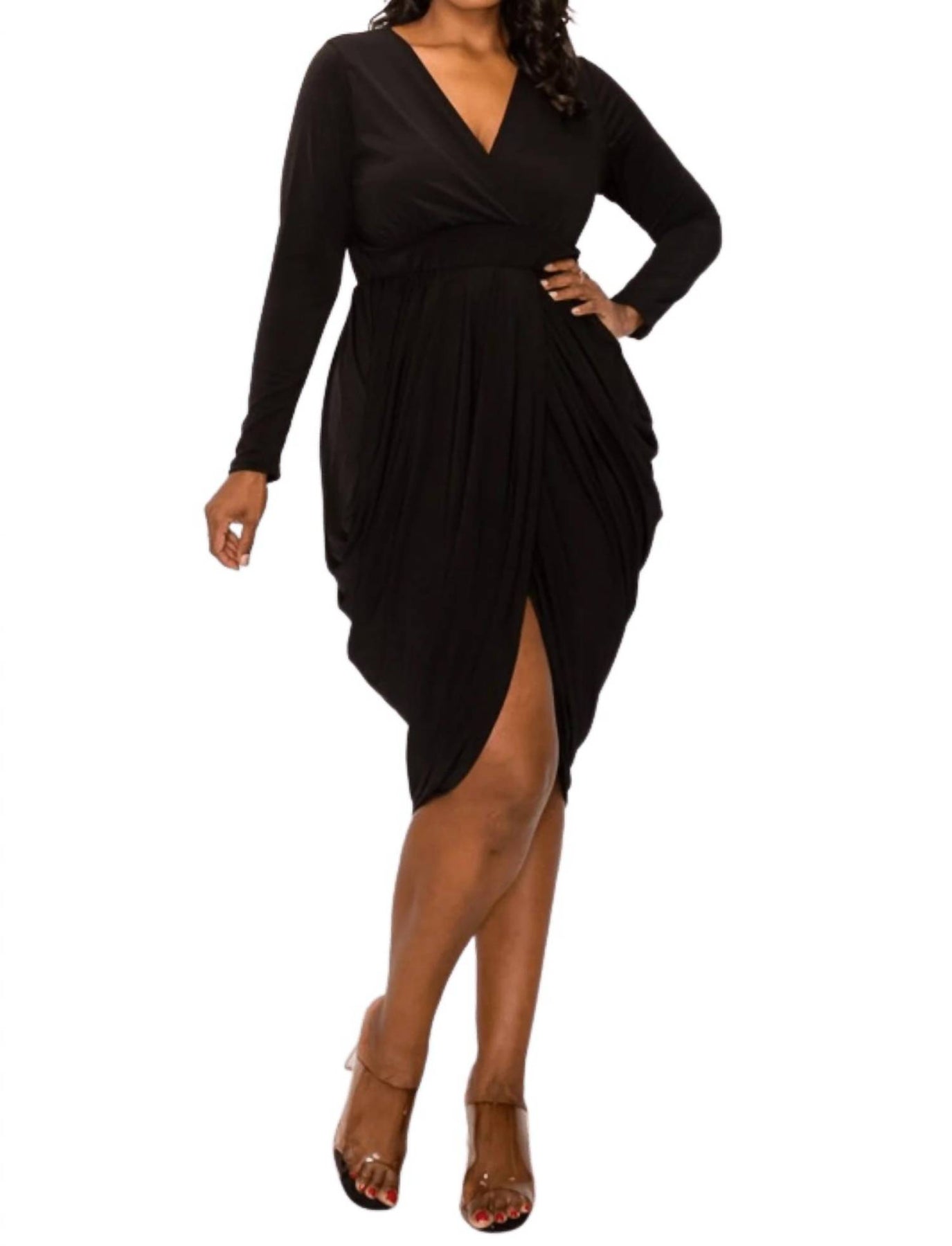 Wrap Style Drapiertes Midikleid in Schwarz