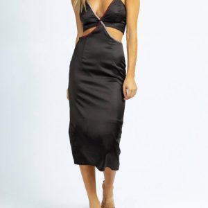 Midikleid aus Satin mit Kontrastbesatz in Schwarz