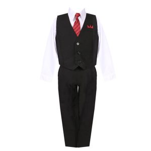 Schwarz-weißes Hemd für kleine Jungen, Weste, Hose, Krawatte, Tasche, Taschentuch, 5-teiliger Anzug, 2–7