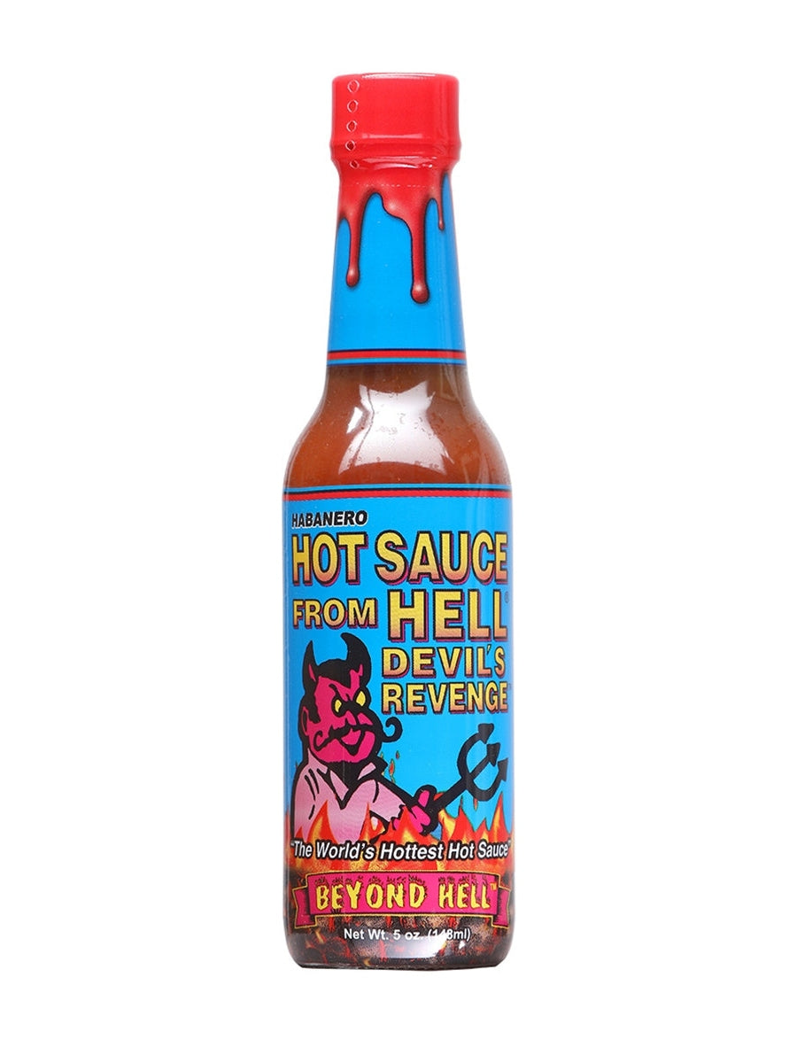 Chilisauce aus der Hölle Teufel Rache Beyond Hell Blau Label 5 oz Hitze 10