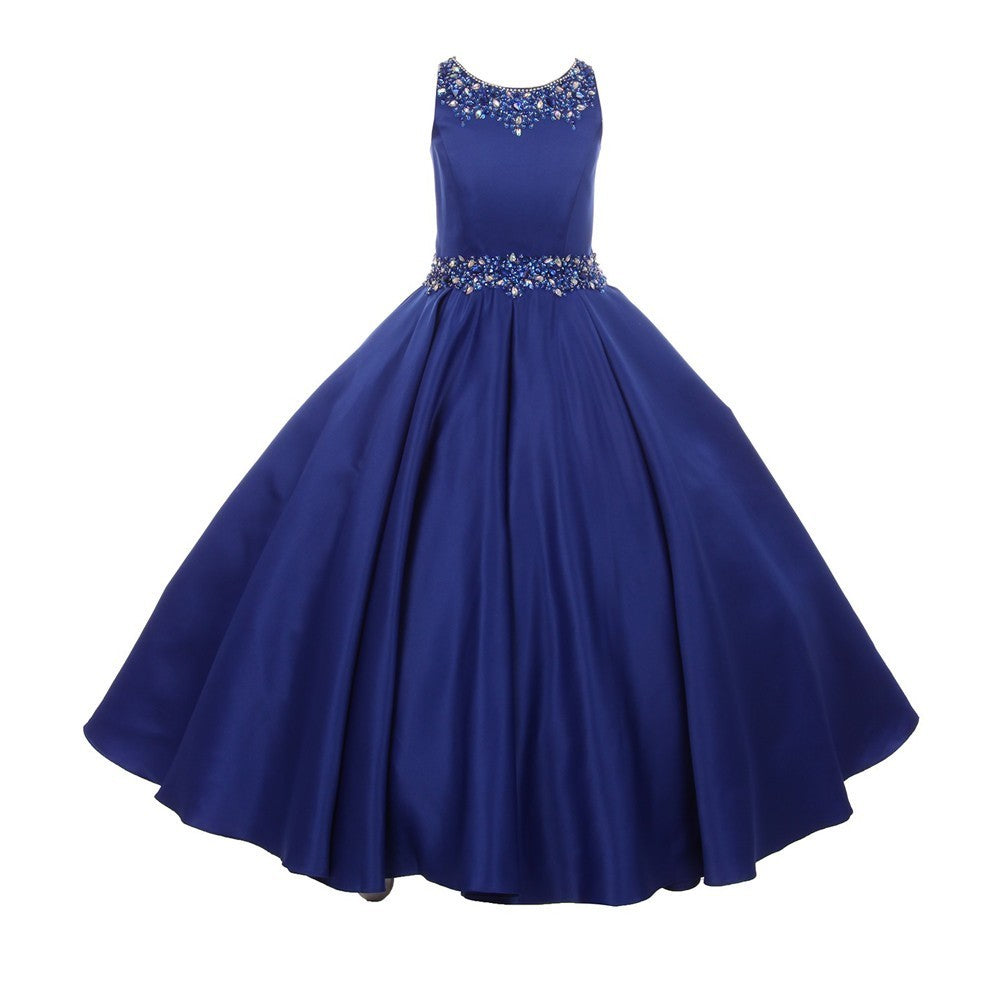 Kleine Mädchen Royal Blau Perlen Plissee Dull Satin Blumenmädchen Kleid 4-6