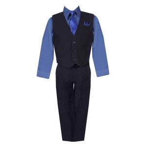Baby Jungen Schwarz Dunkelblau Hemd Weste Hose Hals Krawatte Tasche Hanky 5 Stück Anzug 3-24M