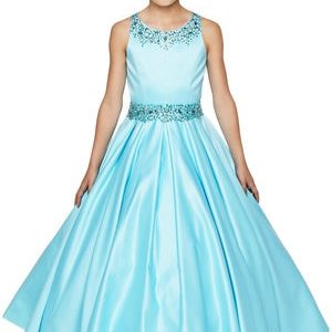 Blumenmädchenkleid für kleine Mädchen aus schimmerndem Aqua mit Perlen und Plissee aus mattem Satin, Größe 4–6