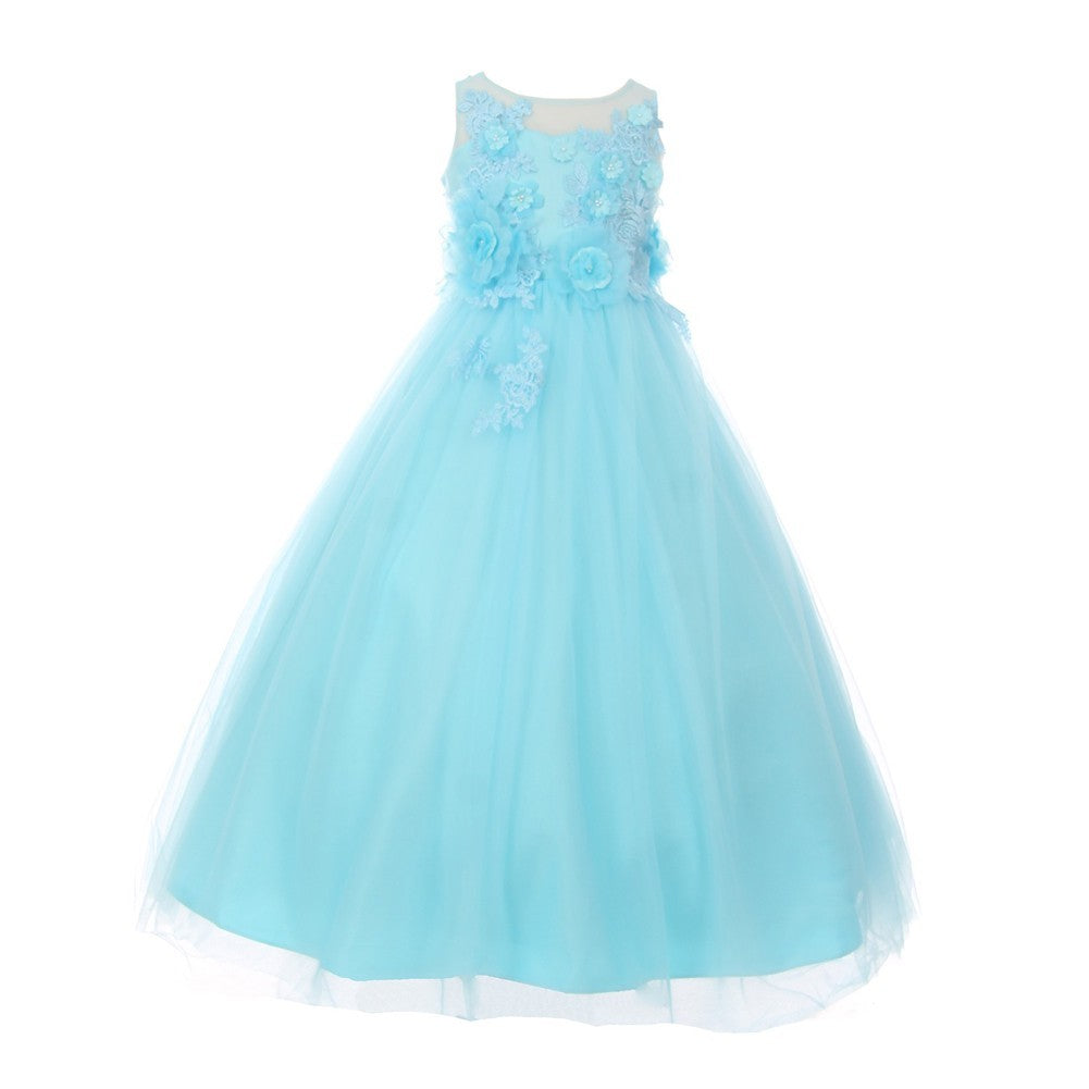 Kleine Mädchen Aqua 3D Blume verzierte weiche Tüll Illusion Blumenmädchen Kleid 4-6