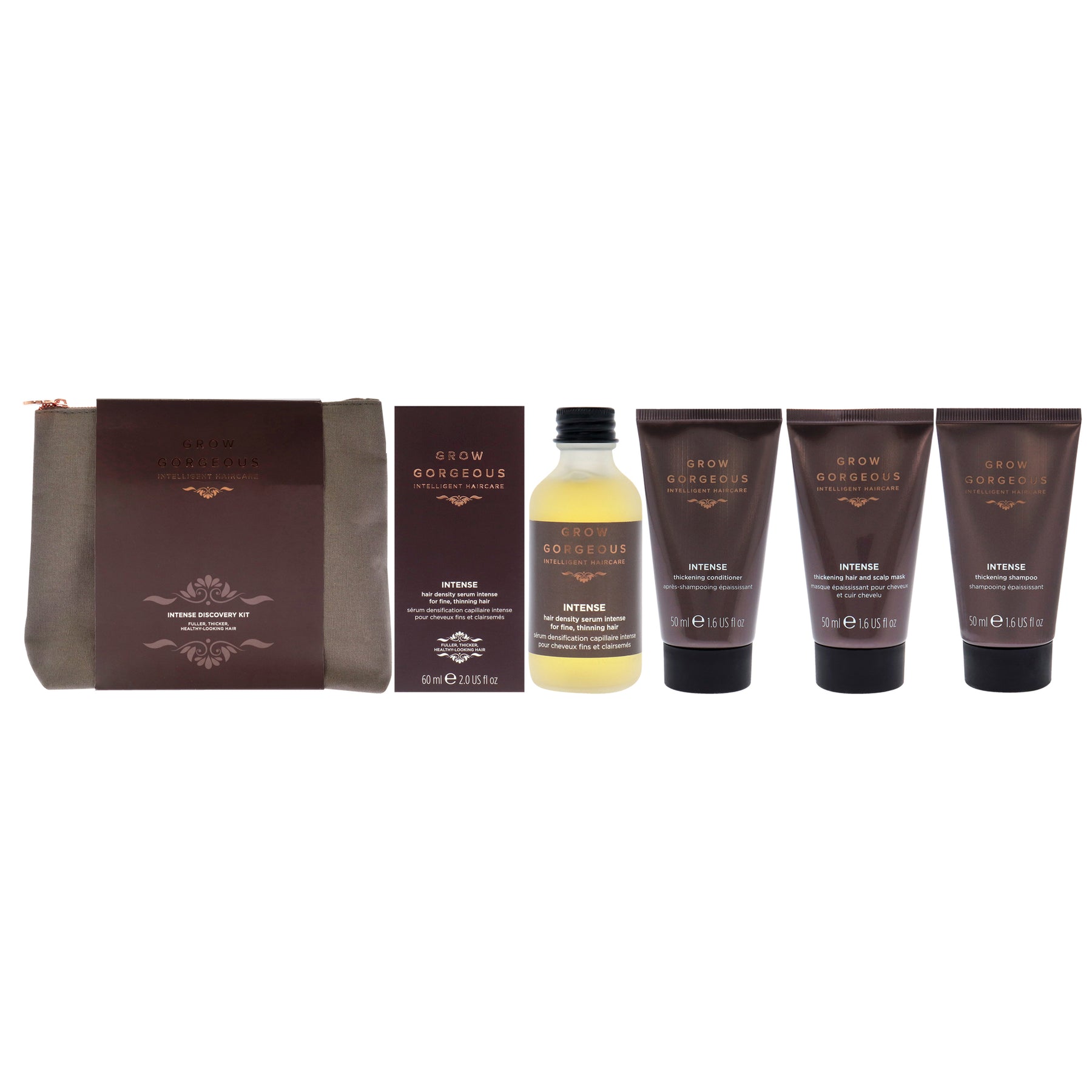 Intensive Discovery Kit von Grow Gorgeous für Unisex – 4 Stück 1,6 Unzen Intensive Verdickung Shampoo, 1,6 Unzen Intensive Verdickung Conditioner, 1,6 Unzen Intensive Verdickung Haar und Kopfhaut Maske, 2 Unzen Haardichte Serum Intensive