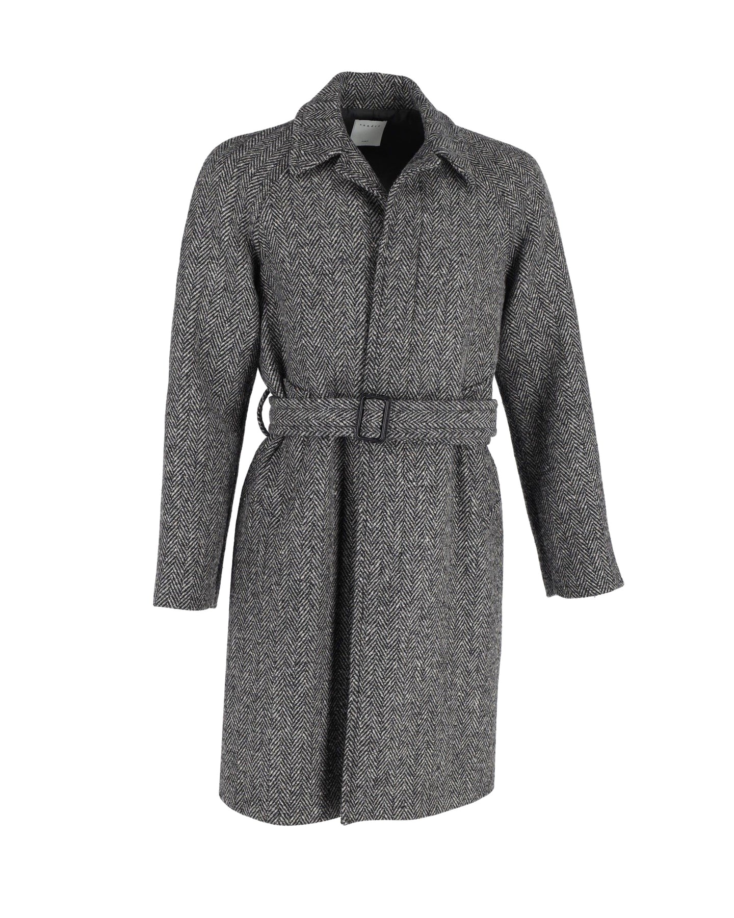 Sandro Paris Herringbone Gürtelmantel aus grauer Wollmischung