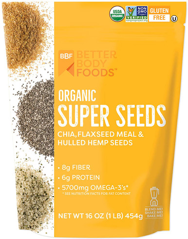 Better Body Foods Bio Superfood Super Seeds, Chia Leinsamen & Hanf, Mischung aus Bio Chia Seeds Bio gemahlene Leinsamen Bio Hulled Hanfsamen, zu Smoothies hinzufügen Shakes & More, 16 oz