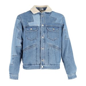 Isabel Marant Jasaya Patchwork-Jacke mit Kunstfellfutter aus blauem Denim