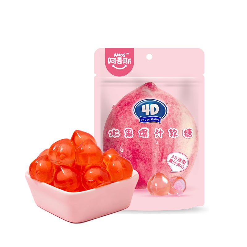Amos 4D weiße Pfirsichfrucht gefüllte Gummy Süßigkeiten 65g