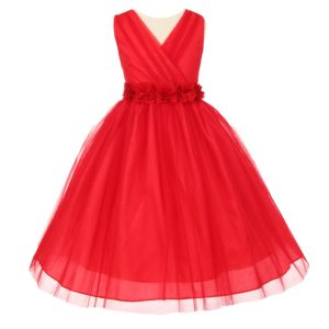 Blumenmädchenkleid aus rotem Chiffon mit Blumenschärpe und Kristalltüll für kleine Mädchen, Größe 2–6