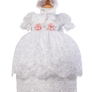Baby Mädchen weiße Puff Ärmel Bonnet 3 Stück Taufe Kleid Set 6-12M