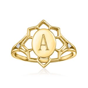 Personalisierter Blumenring aus 14-karätigem Gelbgold von Ross-Simons mit Diamantakzenten