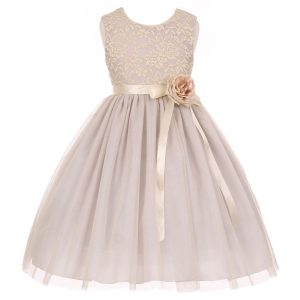 Junior-Brautjungfernkleid für große Mädchen, silberne Spitze, Schärpe, Corsage, Tüll, Größe 8–14