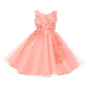 Blumenmädchenkleid für kleine Mädchen, Pfirsich, Perlen, Glitzer, Tüll, Größe 2–6