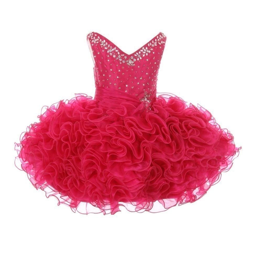 RainKids Kleine Mädchen Fuchsia Perlen Rüschen Organza Kurze Festzug Kleid 2-4T