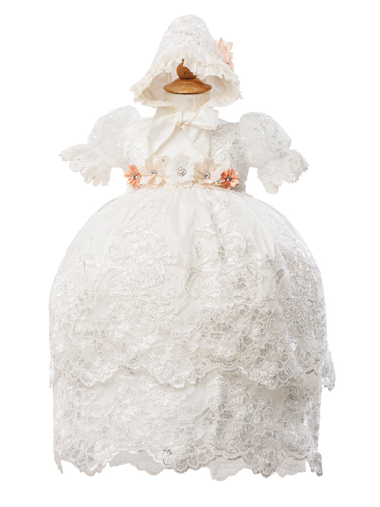Baby Mädchen Elfenbein Puff Ärmel Stirnband 3 Stück Taufe Kleid Set 6-12M