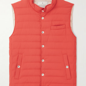 Brunello Cucinelli Herren schmale Passform gesteppte Nylon Daunenweste in Orange