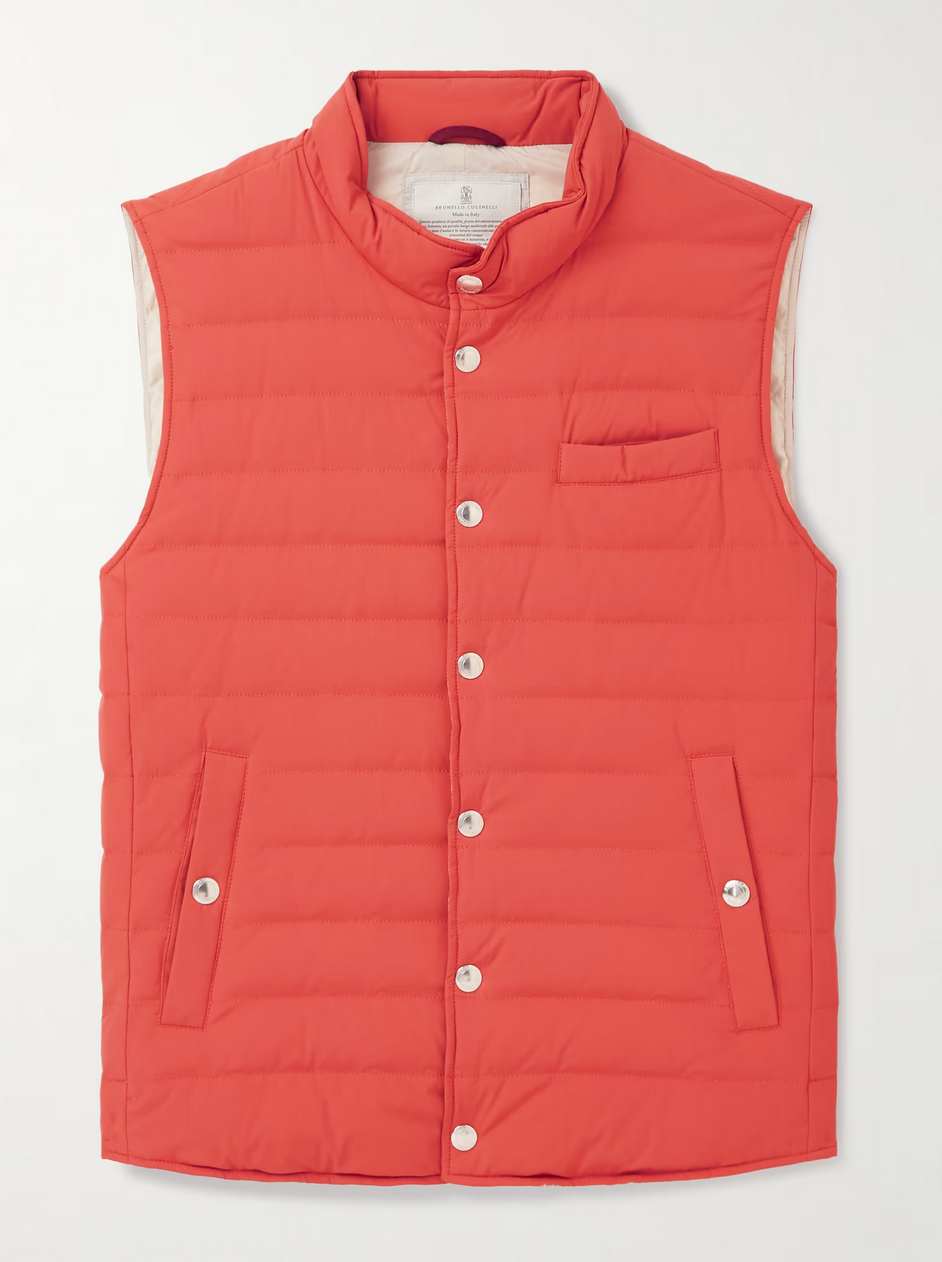 Brunello Cucinelli Herren schmale Passform gesteppte Nylon Daunenweste in Orange