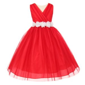 Junior-Brautjungfernkleid für große Mädchen, Rot, Weiß, Chiffon, Blumen, Tüll, Größe 8–14