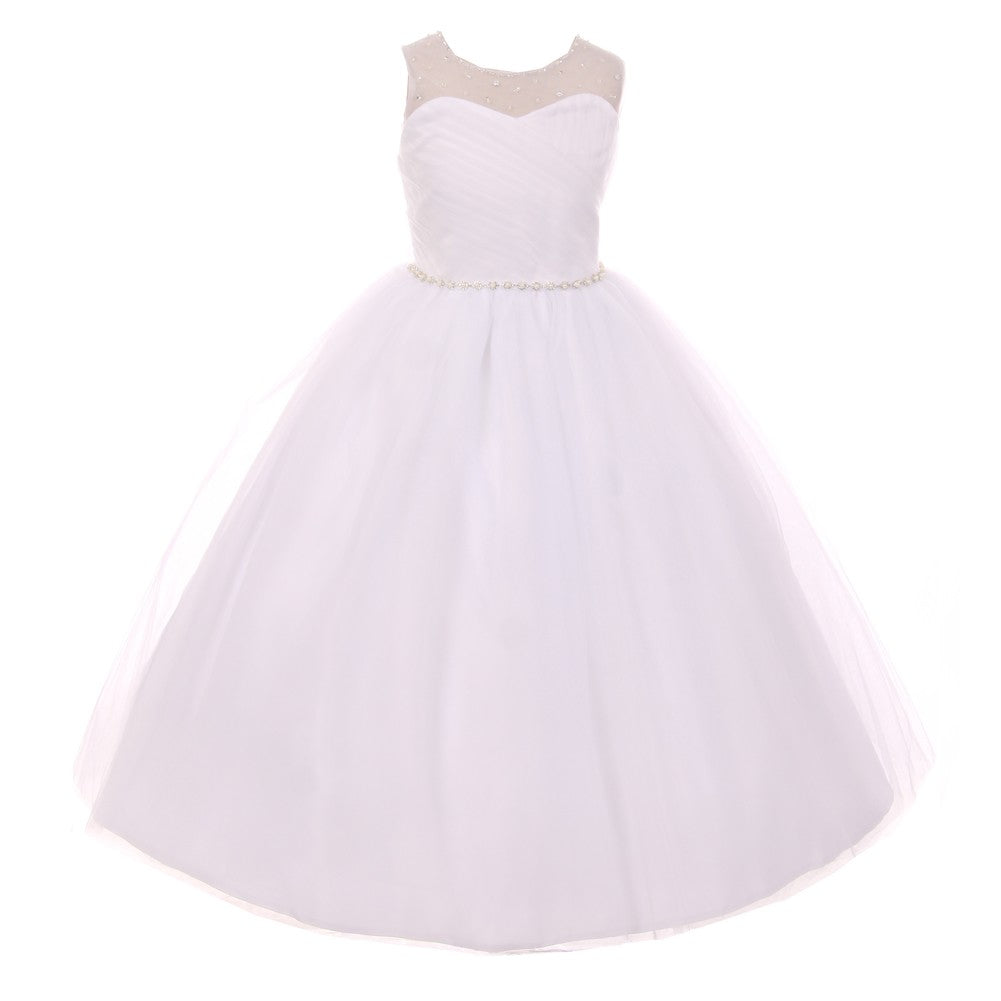 Große Mädchen weiße Perle Strass Tüll Junior Brautjungfernkleid 8-12