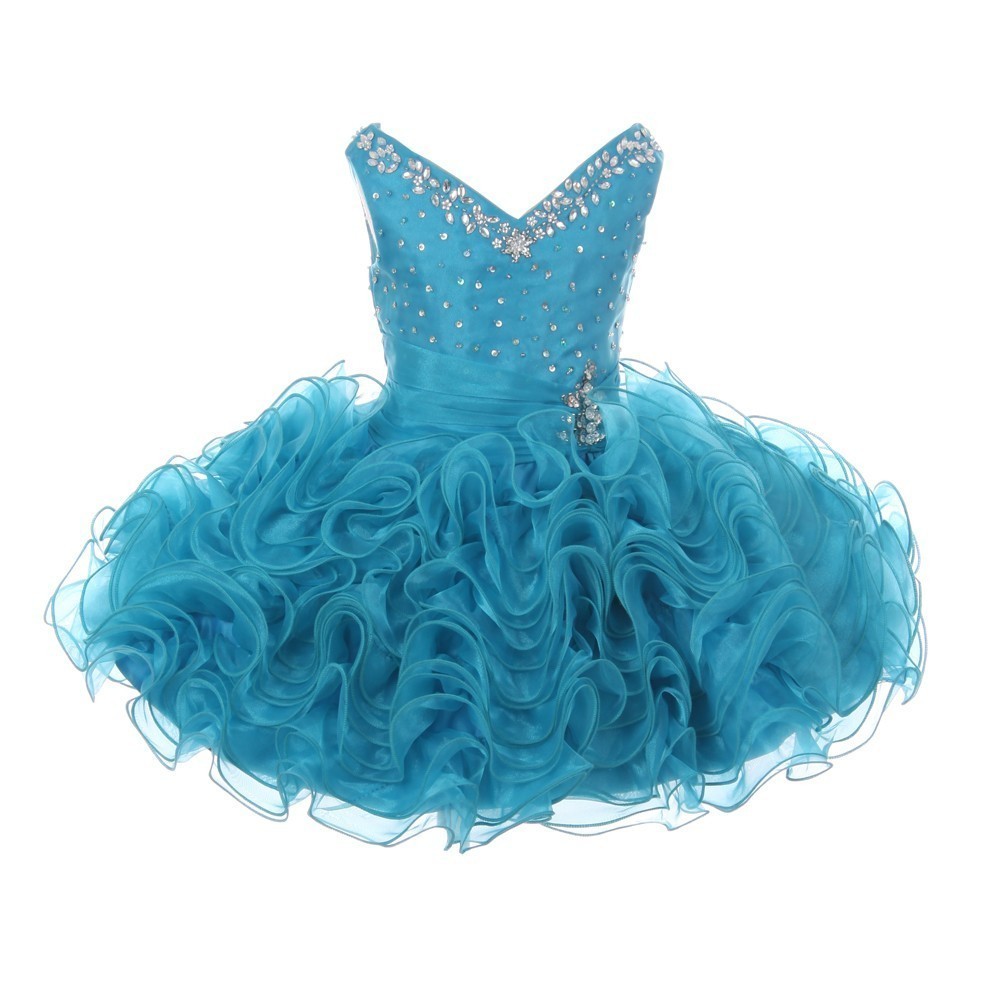 RainKids Kleine Mädchen Türkis Perlen Rüschen Organza Kurze Festzug Kleid 2-4T