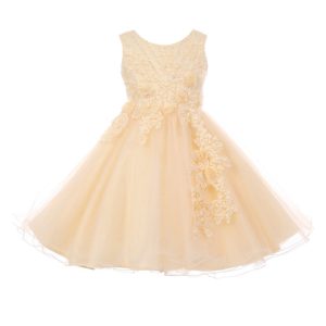 Blumenmädchenkleid für kleine Mädchen, Champagner, Perlen, Glitzer, Tüll, Größe 2–6