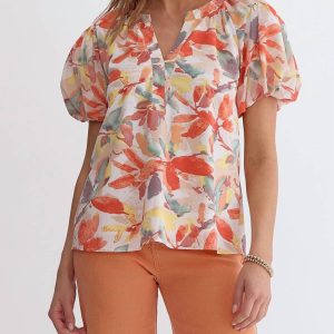 Bluse mit Blumendruck und Blasenärmeln in Pfirsich und Creme